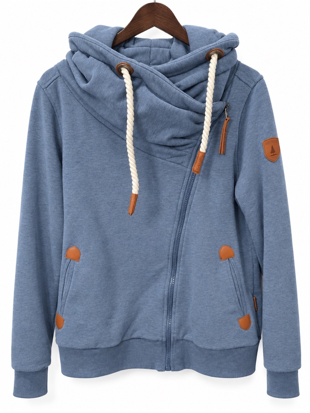 Wanakome Womens Blue Hooded Sweatshirt Trim Front Button Closure Front Zipper